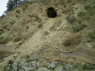 Cave (Washout?) up a bank by the KVR rail bed, Kettle Valley Railway Okanagan Falls to Penticton, 2014-05.